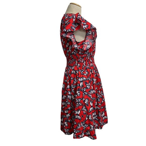 Kate Spade Women's Medium Red Butterfly Print Smocked Waist Flutter Sleeve Dress - Picture 3 of 12